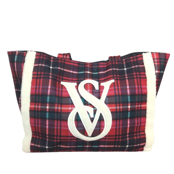 Victoria's Secret Handbags - Victorias Secret Large Red Plaid Tote Bag With Sherpa Trim Limited Edition